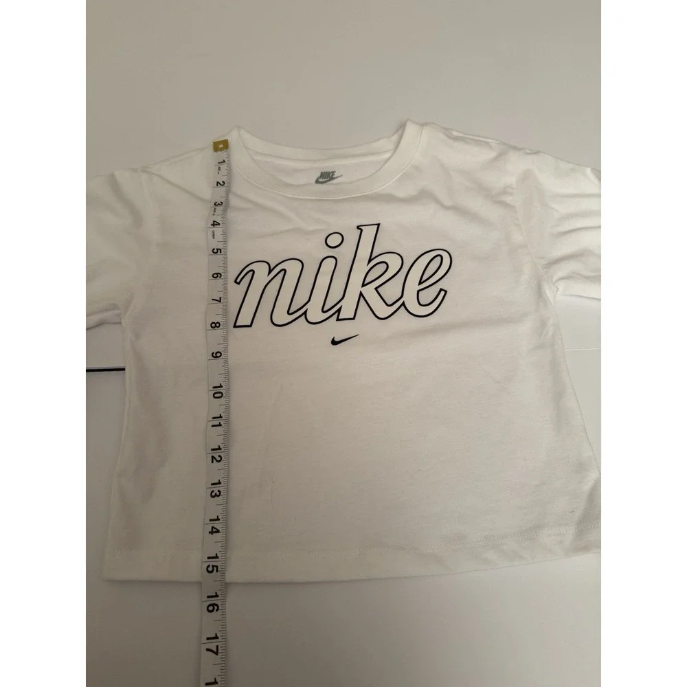 Nike Girls Medium Shirt White Long Sleeve Black Logo Letters Casual Kids Top NWT
